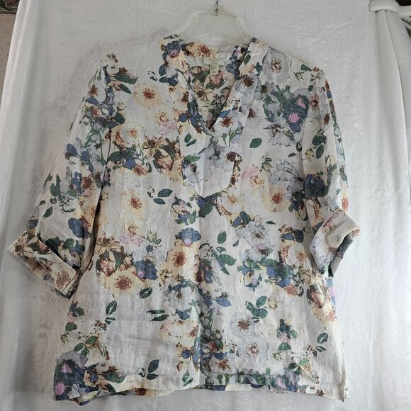 St. Tropez West 100% Linen Tunic Top Floral Size XL Flower Bohemian Pullover - Picture 1 of 10